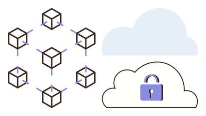 Wall Mural - Interconnected blockchain cubes beside a cloud with a lock icon represent network security, data sharing, and encrypted access. Ideal for cybersecurity, blockchain, cloud storage, data protection