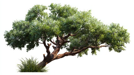 Wall Mural - Isolated Mature Tree with Dense Green Foliage and Textured Trunk on a White Background