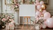© The Little Hut - Elegant Blank Canvas Easel Surrounded by Floral Decor, Balloons, and Books for Special Occasion Display