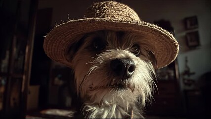 Wall Mural - A dog with shaggy fur is wearing a straw hat indoors, and the hat casts a shadow on the dog's expressive eyes. The dog's nose prominently peeks out beneath the straw hat.