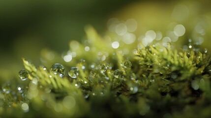 Wall Mural - Lush Green Moss with Sparkling Water Droplets, Close-Up Shot for Natural Beauty and Tranquility