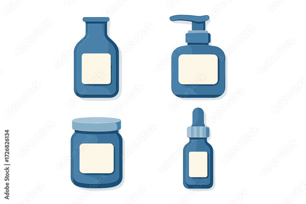 Various blue cosmetic containers with blank labels on a white background for branding possibilities