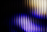 Neon ribbed fractal glass 3d background. Holographic vertical stripe pattern with vibrant purple blue yellow gradient. Abstract black bg, iridescent texture lines in radiant colors. 3D illustration
