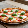 © Sumanta - pizza with salami tomatoes and olives. pizza on a wooden table. Fresh margherita pizza with tomatoes and basil on wooden table.