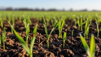 Wall Mural - Medium shot of sprouting grain seedlings in a chemicalfree field showcasing early growth stages nurtured by organic farming methods.