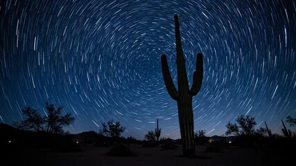 Wall Mural - a towering desert cactus stands silhouetted against the breathtaking, swirling star trails of the ni
