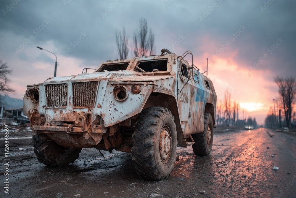 Rusted armored vehicle, a symbol of war's aftermath, abandoned in a ...