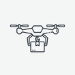 © rifta - Line art icon of a delivery drone, a quadcopter UAV carrying a package with a robotic claw for shipping.