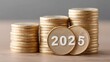 © Tiyu - Golden Coins Stacked with 2025 Digital Hologram Future Growth on Wooden Table with a Gray Background