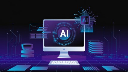 Futuristic computer displaying AI technology with digital circuits and data streams
