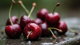 Fresh ripe cherries with water droplets macro shot, close-up food photography, juicy red fruit background, healthy organic summer berries, natural harvest still life, diet and nutrition concept