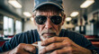 © Lens Legacy - Rugged senior man with sunglasses and cap enjoying coffee, exuding wisdom and contemplation in a diner setting.