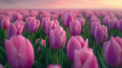 Wall Mural - A field of pink tulips against a beautiful sunset backdrop