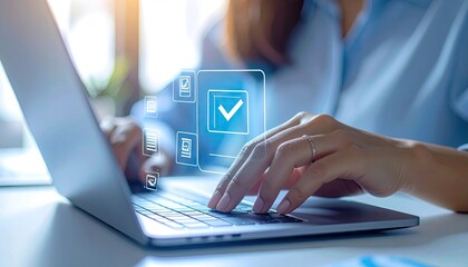 Person completing digital tasks and verification on a modern laptop.