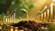 © 打算 朱 - A young plant growing from soil with a golden bar graph showing upward growth in the background, symbolizing sustainable development and economic progress.