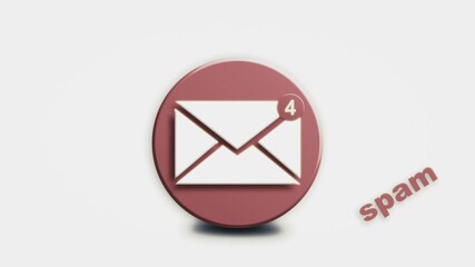 Wall Mural - A looping 3D icon of a mail envelope with an animated red notification badge. This motion graphic represents incoming emails, alerts, and unread messages, including spam and junk mail.