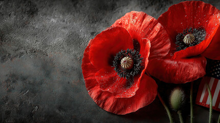 Wall Mural - American flag and red poppies arranged on dark grey background for memorial day poster top view