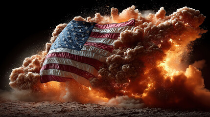 Wall Mural - Exploding pyrotechnics illuminate the sky behind the waving usa flag for patriotic festivities