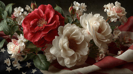 Wall Mural - A US flag with roses paying tribute on memorial day and veterans day honoring all service