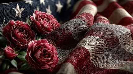 Wall Mural - Memorial day and veterans day celebrated with a US flag and roses in respectful display