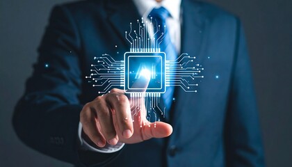 A businessman in a suit touches a glowing microchip, symbolizing the fusion of technology and business, representing innovation, artificial intelligence, and the future of work