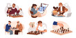 © Paper Trident - People play chess set. Online player, characters with chessmen on chessboard consider moves in board game. Kids are learning, old men checkmate. Flat isolated vector illustrations on white background.
