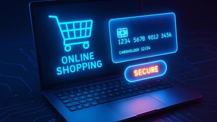 A glowing laptop screen displaying secure online shopping with a shopping cart and credit card details in neon colors.