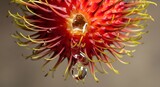 Close-up of a vibrant rambutan fruit with droplets of water, showcasing its unique texture and colors