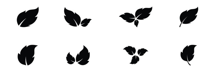 Black dark isolated leaf icon set on white page.  Vector isolated leaf icons on white background.  Nature black leaf icon set on white page. EPS 10. 