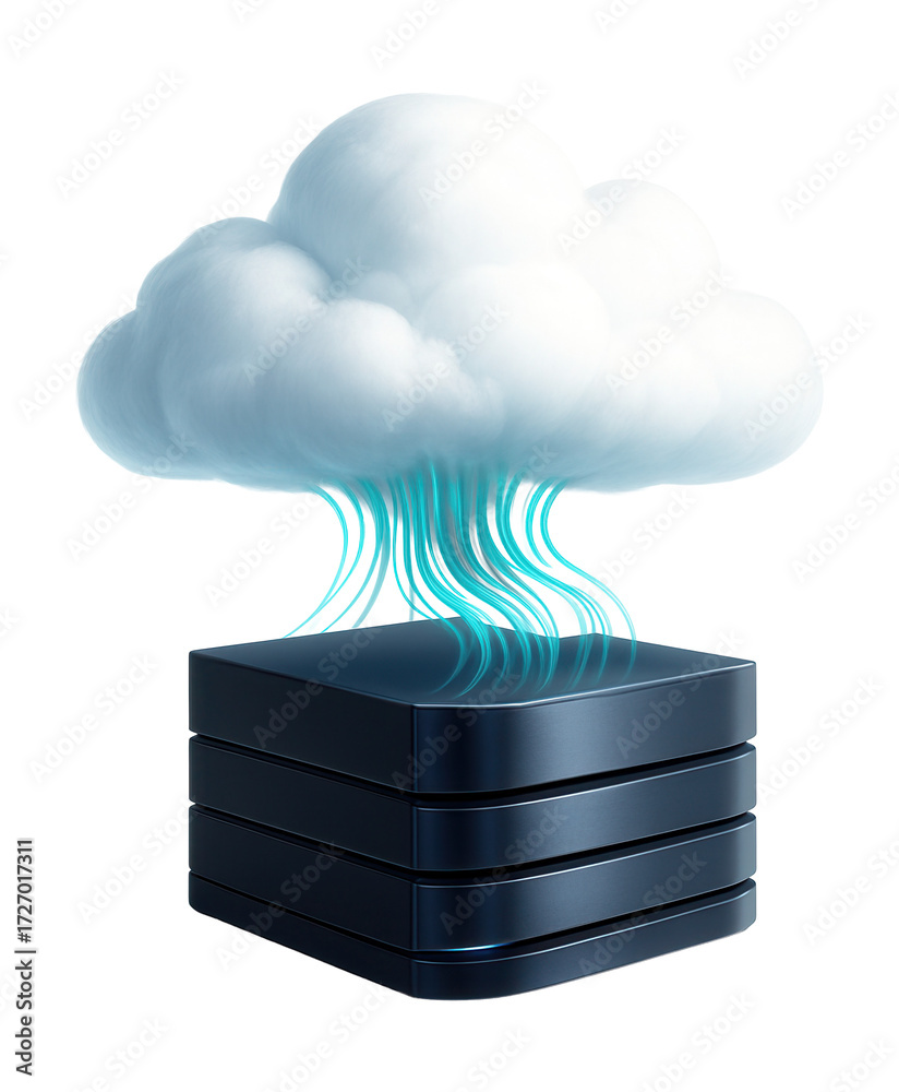 Cloud connected to a database server in a digital illustration.