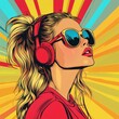 © Richa - Pop art retro style pretty blonde young woman wearing sunglasses on vibrant colorful background. Created with, Generative AI