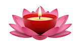 Isolated candle in a red holder sits on a pink lotus flower for decoration or spa treatment