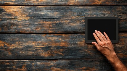 Hand using tablet on rustic wooden table. (1)