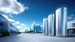 © Xion - Industrial Steel Tanks in a Modern Factory Against a Clear Blue Sky with White Clouds and Architectural Buildings in Bright Sunshine