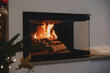 © blackday - Burning Firewood in Modern Glass Fireplace for Cozy Winter Ambiance