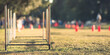 © gyana08 - An empty dog agility course with jump obstacles set up on a grassy field, blurred cones, and people in the background