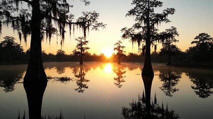 Wall Mural - ﻿Tranquil swamp sunrise timelapse with golden light spreading across the still water and ancient cypress trees timelapse, ecosystem, nature