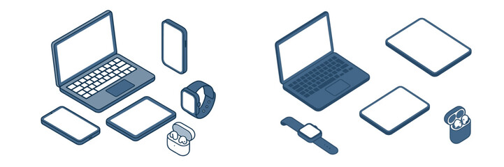 Different types of electronic devices arranged neatly on a white background showcasing modern technology