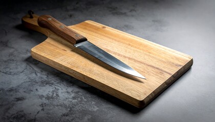 A sharp chef's knife rests on a wooden cutting board, creating a still life image. The scene is set on a dark surface with good lighting