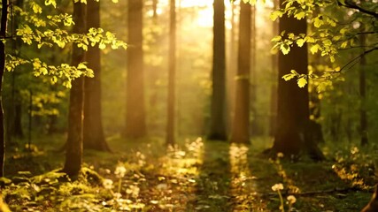 Wall Mural - ﻿slow dolly shot through a sun-drenched serene forest at golden hour with shallow depth of field gol