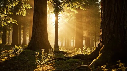 Wall Mural - ﻿slow dolly shot through a sun-drenched serene forest at golden hour with shallow depth of field woo