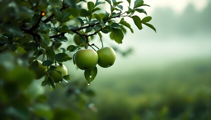 closeup of green apples growing on tree branch in natural environment.