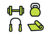 © Mark - Fitness equipment arrangement for home gym with weights, kettlebell, jump rope, and exercise mat