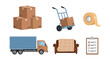 © MacKenzie - Vector illustration set of moving day elements cardboard boxes, hand truck, tape, delivery truck, sofa, and checklist. Perfect for relocation themes, packing, and logistics