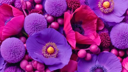Wall Mural - Bright purple and pink flowers flat lay