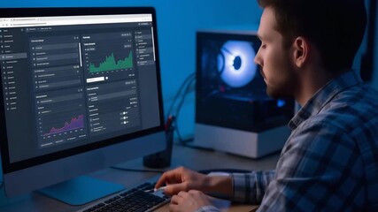 Analyzing Stock Market Data on Computer Screen at Night.