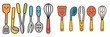 © Art - Colorful kitchen utensils with happy faces arranged on a white background, showcasing joy in cooking and creativity