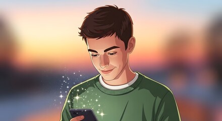 Smiling man using smartphone at sunset captivated by content perfect for mobile app promotion or social media campaign showcasing modern lifestyle.