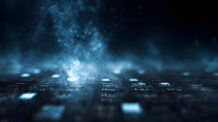 Wall Mural - Futuristic blue digital hologram displaying scientific elements against a dark ethereal background