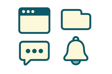 Modern web interface icons set featuring essential digital elements like browser window, folder, chat bubble, and notification bell for user experience design